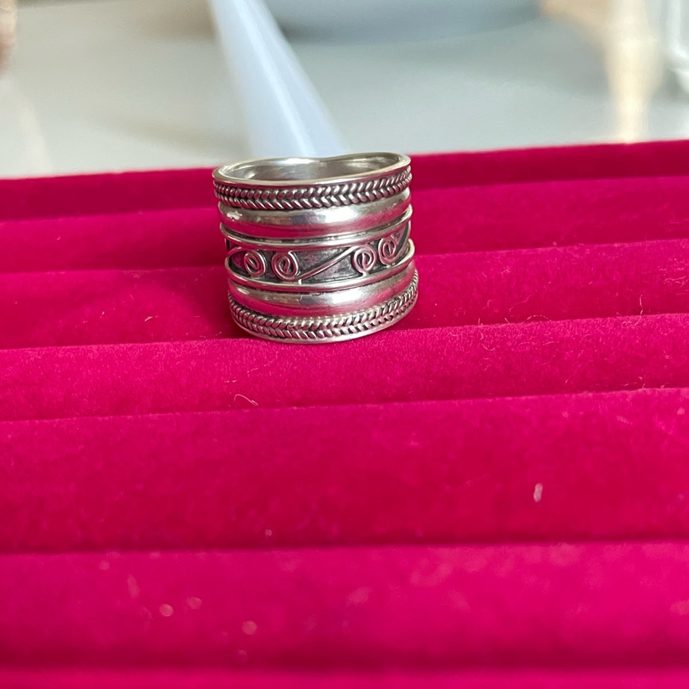 925 Sterling silver wide band boho style ring